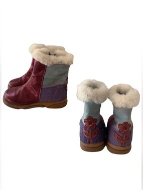 Mokine Toddler Genuine Leather Faux Fur Boots Purple Blue Made in Italy Size 6